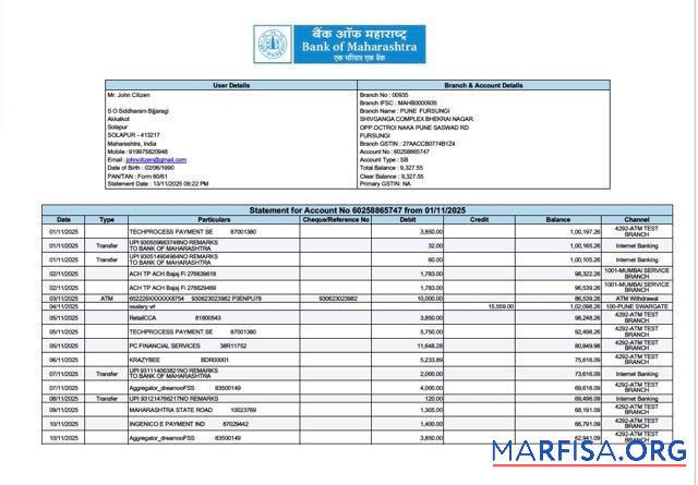Printable India Bank of Maharashtra statement word real example